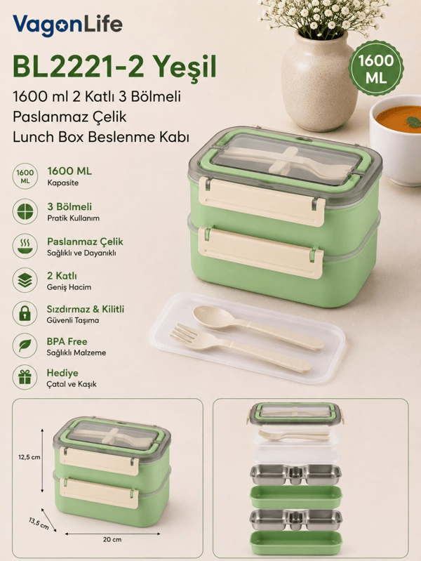 Vagon Life BL2221-2 Yeşil 1600 ml 2 Katlı 3 Bölmeli Paslanmaz Çelik Lunch Box Beslenme Kabı