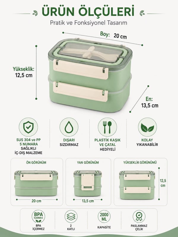 Vagon Life BL2221-2 Yeşil 1600 ml 2 Katlı 3 Bölmeli Paslanmaz Çelik Lunch Box Beslenme Kabı