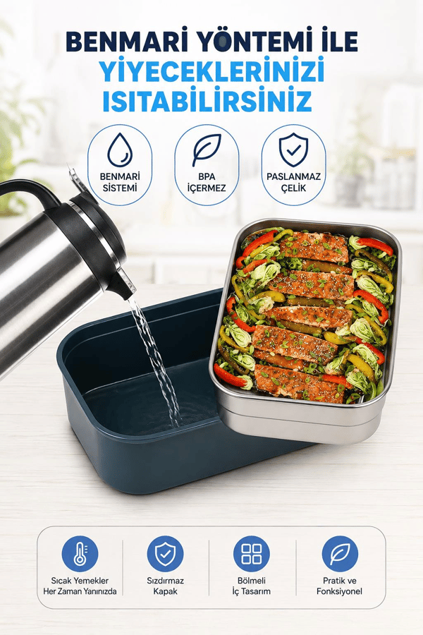 Vagon Life BL2221-2 Yeşil 1600 ml 2 Katlı 3 Bölmeli Paslanmaz Çelik Lunch Box Beslenme Kabı
