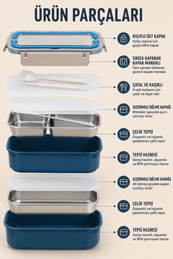Vagon Life BL2221-2 Yeşil 1600 ml 2 Katlı 3 Bölmeli Paslanmaz Çelik Lunch Box Beslenme Kabı
