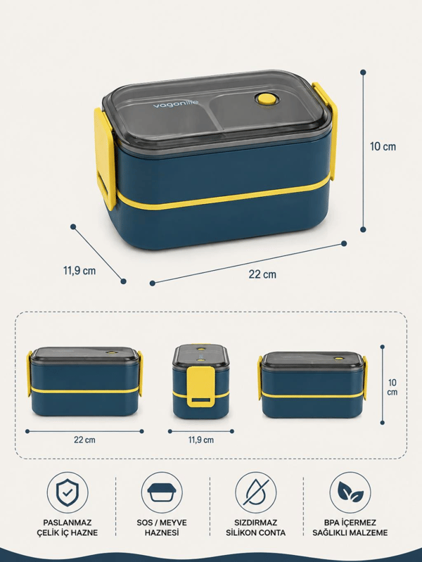 Vagon Life BL50002-2 Mavi 1400 ml 3 Bölmeli Paslanmaz Çelik Lunch Box Beslenme Kabı