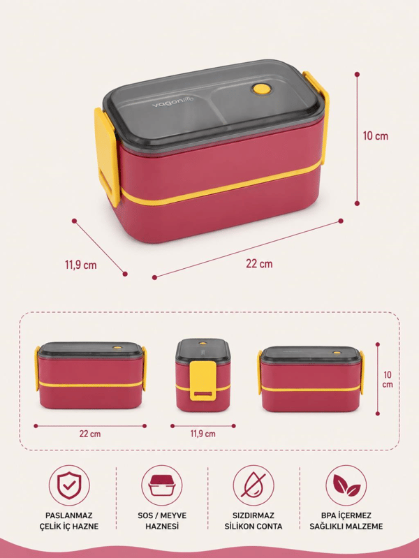 Vagon Life BL50002-2 Pembe 1400 ml 3 Bölmeli Paslanmaz Çelik Lunch Box Beslenme Kabı