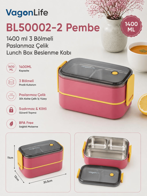 Vagon Life BL50002-2 Pembe 1400 ml 3 Bölmeli Paslanmaz Çelik Lunch Box Beslenme Kabı