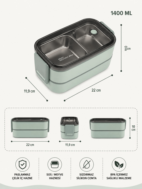 Vagon Life BL50002-2 Yeşil 1400 ml 3 Bölmeli Paslanmaz Çelik Lunch Box Beslenme Kabı