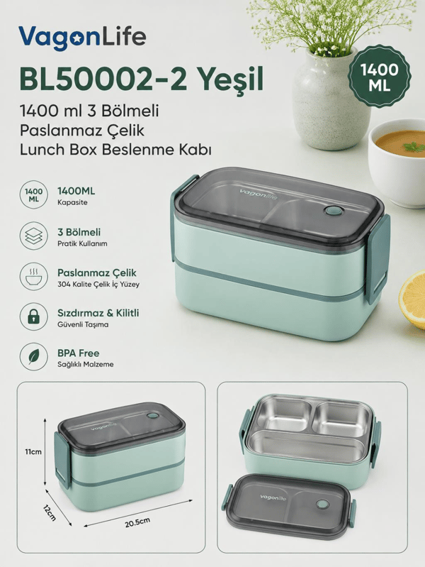 Vagon Life BL50002-2 Yeşil 1400 ml 3 Bölmeli Paslanmaz Çelik Lunch Box Beslenme Kabı