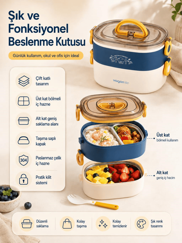 Vagon Life BL50251-2 Lacivert 1200 ml 2 Katlı 3 Bölmeli Paslanmaz Çelik Yemek Kabı (Lunch Box)