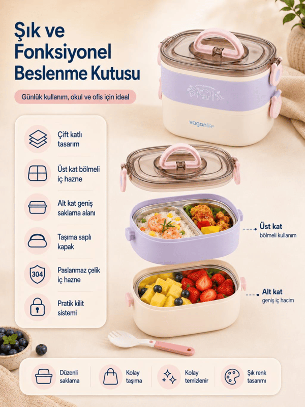 Vagon Life BL50251-2 Mor 1200 ml 2 Katlı 3 Bölmeli Paslanmaz Çelik Yemek Kabı (Lunch Box)