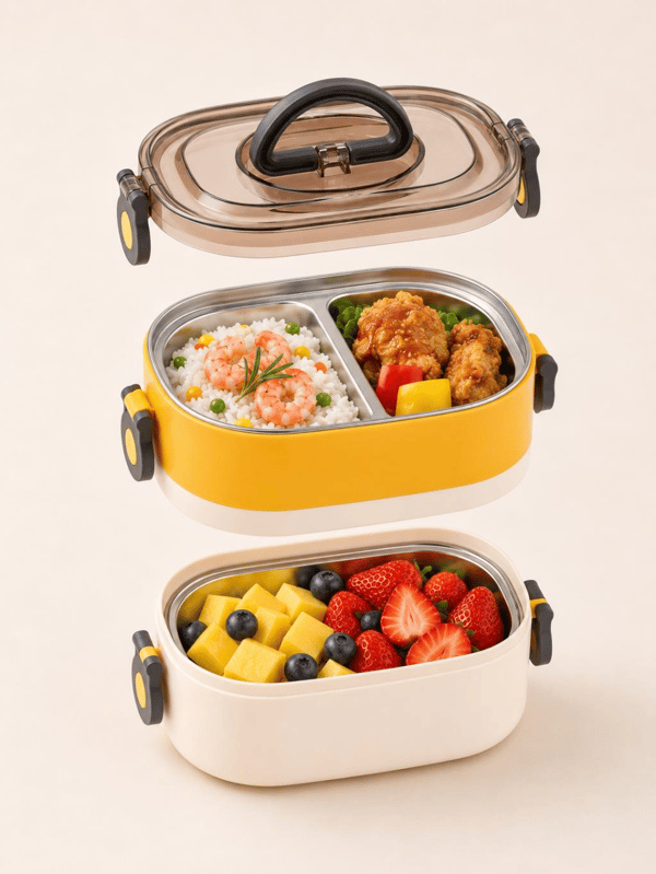 Vagon Life BL50251-2 Sarı 1200 ml 2 Katlı 3 Bölmeli Paslanmaz Çelik Yemek Kabı (Lunch Box)