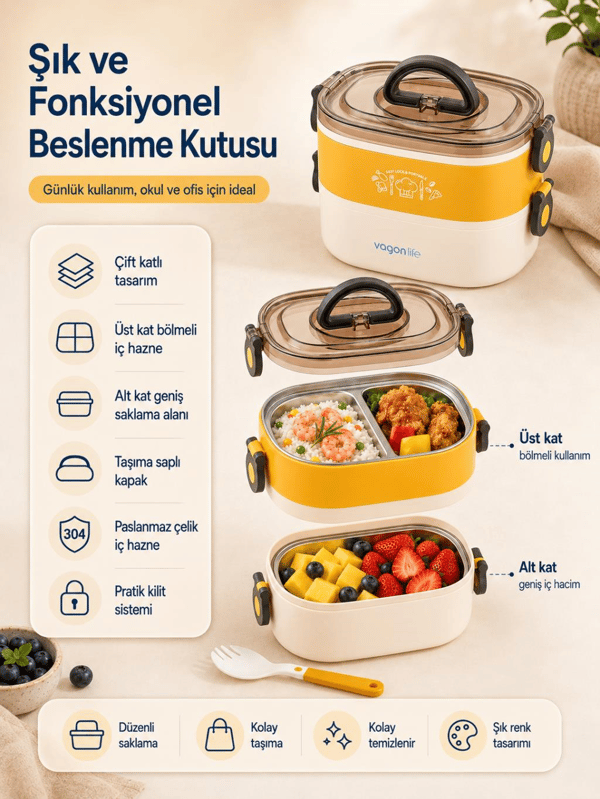 Vagon Life BL50251-2 Sarı 1200 ml 2 Katlı 3 Bölmeli Paslanmaz Çelik Yemek Kabı (Lunch Box)