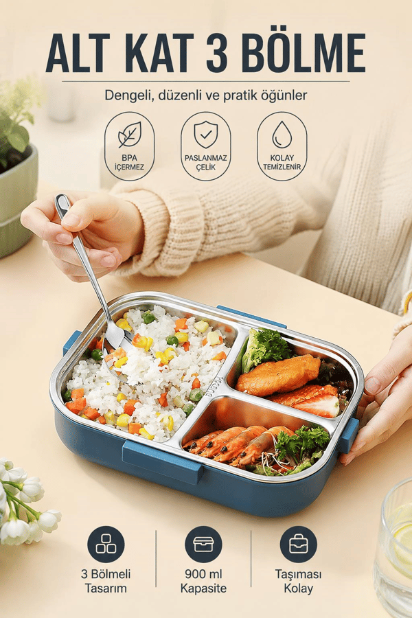 Vagon Life BL70100 Mavi 900 ml Çorba Kaseli 3 Bölmeli Paslanmaz Çelik Lunch Box Beslenme Kabı