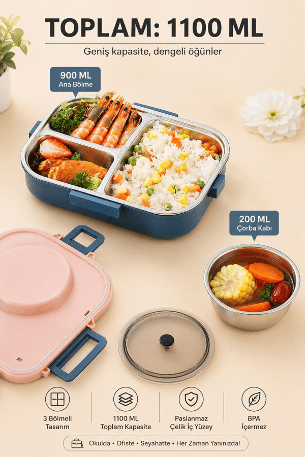 Vagon Life BL70100 Mavi 900 ml Çorba Kaseli 3 Bölmeli Paslanmaz Çelik Lunch Box Beslenme Kabı
