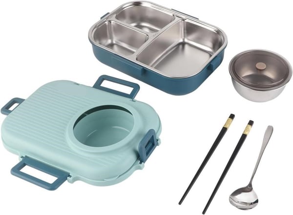 Vagon Life BL70100 Mavi 900 ml Çorba Kaseli 3 Bölmeli Paslanmaz Çelik Lunch Box Beslenme Kabı