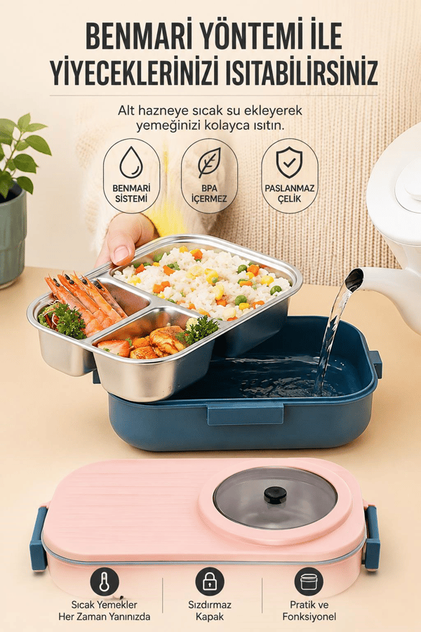 Vagon Life BL70100 Pembe 900 ml Çorba Kaseli 3 Bölmeli Paslanmaz Çelik Lunch Box Beslenme Kabı