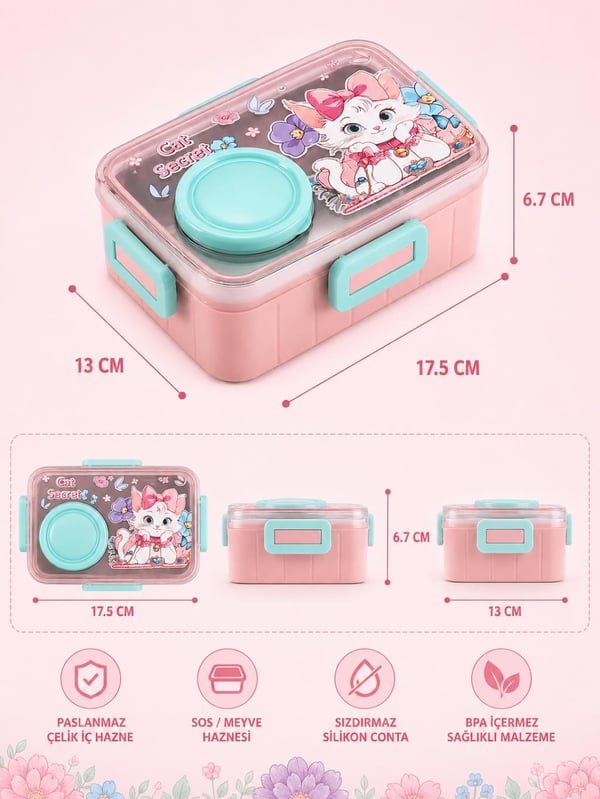 Vagon Life Cat Secret Sevimli Kedi Paslanmaz Çelik Lunch Box Beslenme Kutusu VGN-2637