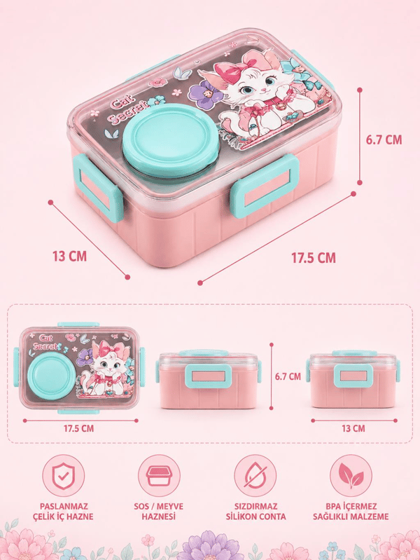 Vagon Life Cat Secret Sevimli Kedi Paslanmaz Çelik Lunch Box Beslenme Kutusu VGN-2637