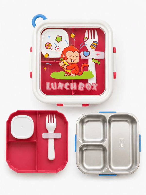 Vagon Life Happy Monkey VGN-6141 Pembe 600 ml Tek Katlı 3 Bölmeli Paslanmaz Çelik Lunch Box