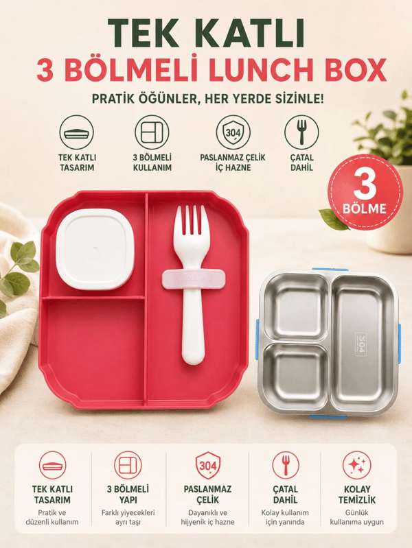 Vagon Life Happy Monkey VGN-6141 Pembe 600 ml Tek Katlı 3 Bölmeli Paslanmaz Çelik Lunch Box