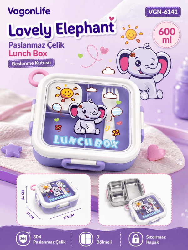 Vagon Life Lovely Elephant VGN-6141 Lila 600 ml Tek Katlı 3 Bölmeli Paslanmaz Çelik Lunch Box