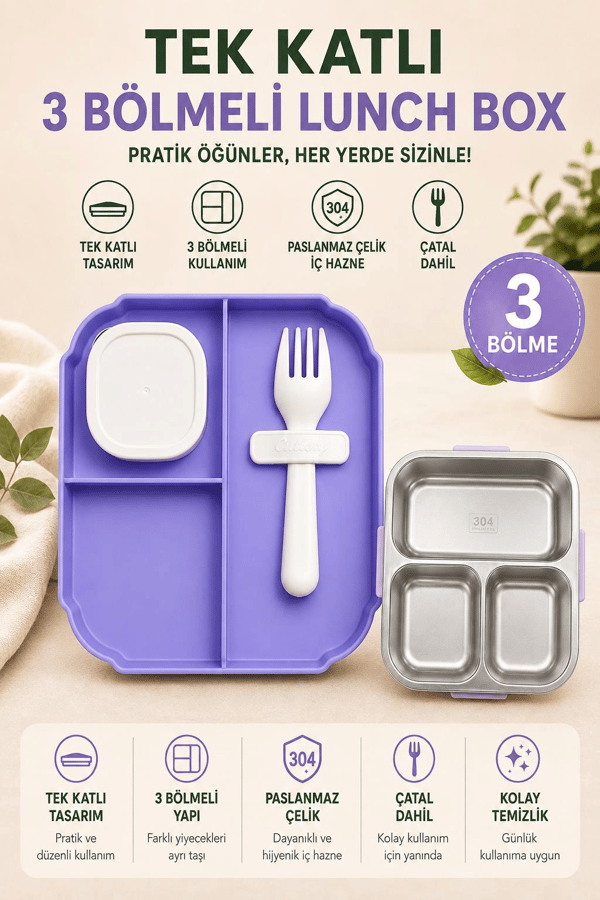 Vagon Life Lovely Elephant VGN-6141 Lila 600 ml Tek Katlı 3 Bölmeli Paslanmaz Çelik Lunch Box