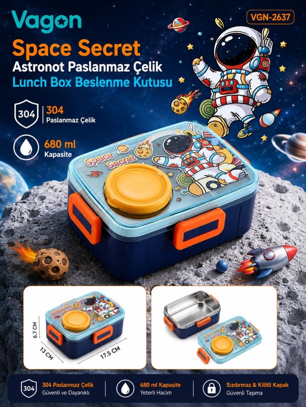 Vagon Life Space Secret Astronot Paslanmaz Çelik Lunch Box Beslenme Kutusu VGN-2637