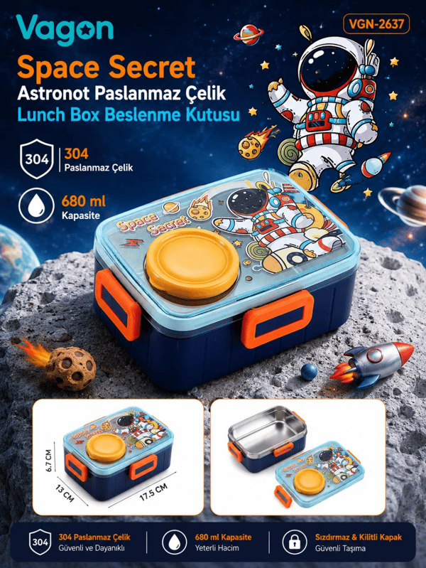 Vagon Life Space Secret Astronot Paslanmaz Çelik Lunch Box Beslenme Kutusu VGN-2637