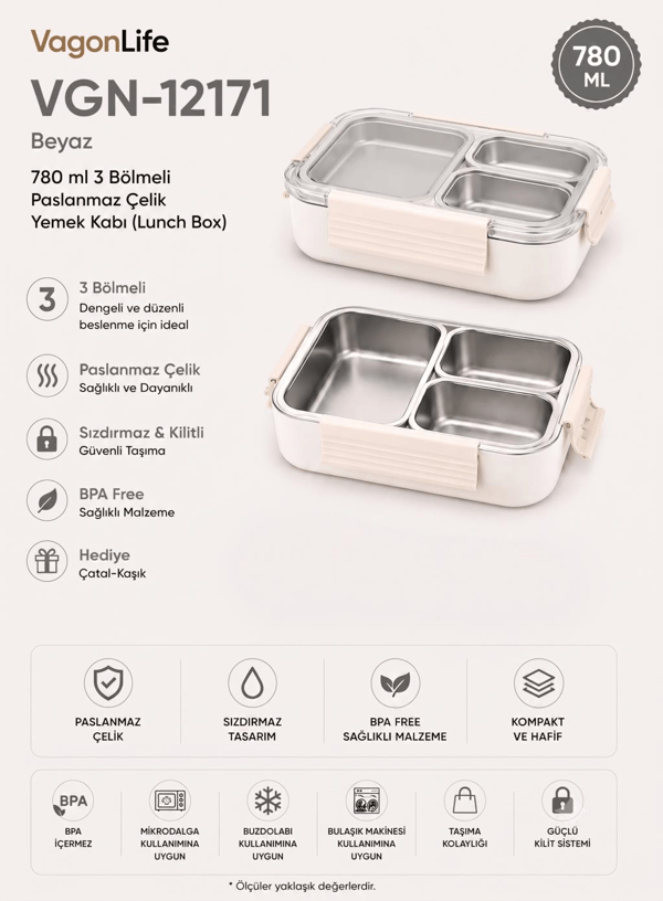 Vagon Life VGN-12171 Beyaz 780 ml 3 Bölmeli Paslanmaz Çelik Yemek Kabı (Lunch Box)