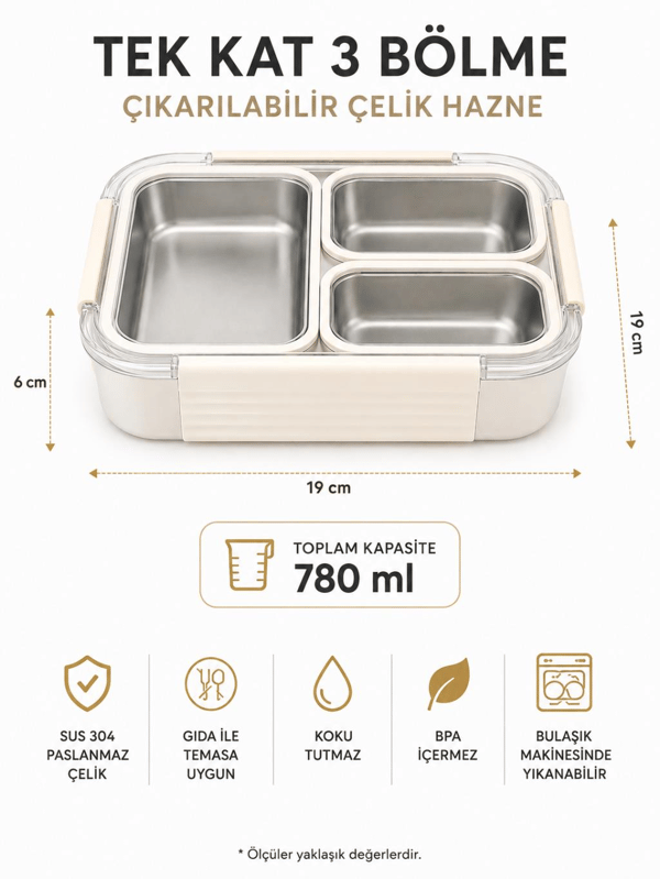 Vagon Life VGN-12171 Beyaz 780 ml 3 Bölmeli Paslanmaz Çelik Yemek Kabı (Lunch Box)