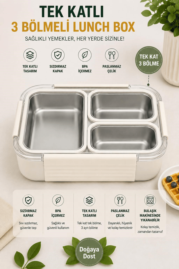 Vagon Life VGN-12171 Beyaz 780 ml 3 Bölmeli Paslanmaz Çelik Yemek Kabı (Lunch Box)