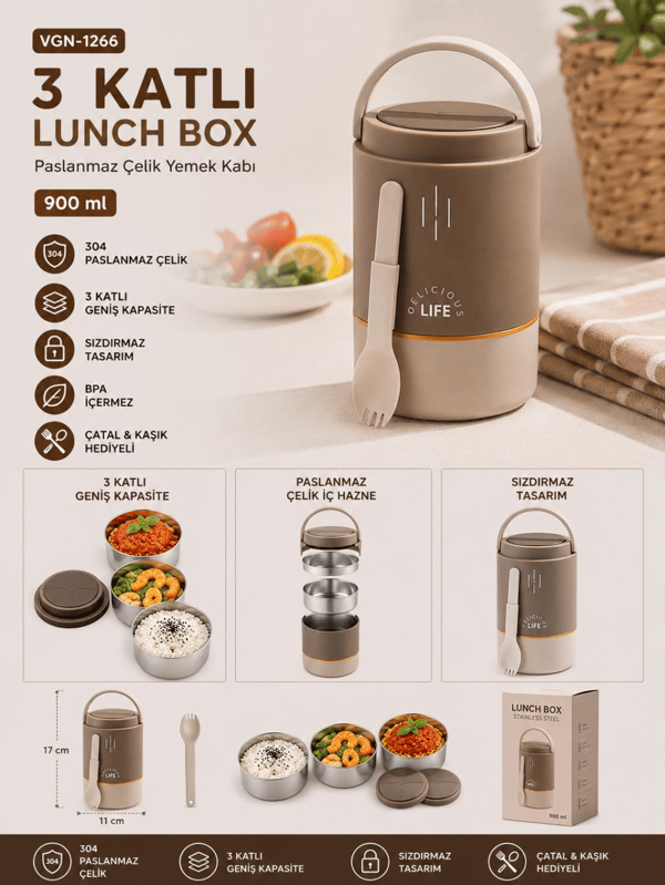 Vagon Life VGN-1266 Kahverengi 900 ml 3 Katlı Silindir Paslanmaz Çelik Yemek Kabı (Lunch Box)