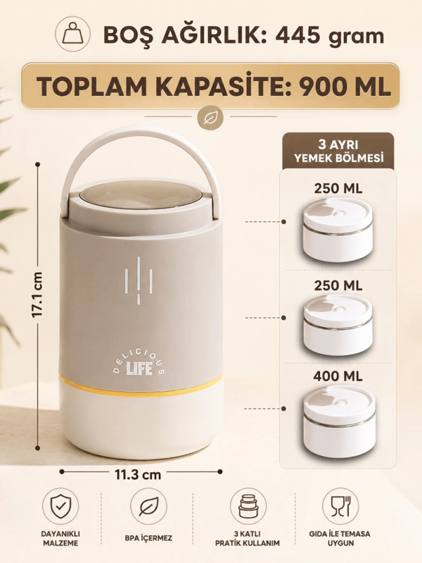 Vagon Life VGN-1266 Kahverengi 900 ml 3 Katlı Silindir Paslanmaz Çelik Yemek Kabı (Lunch Box)