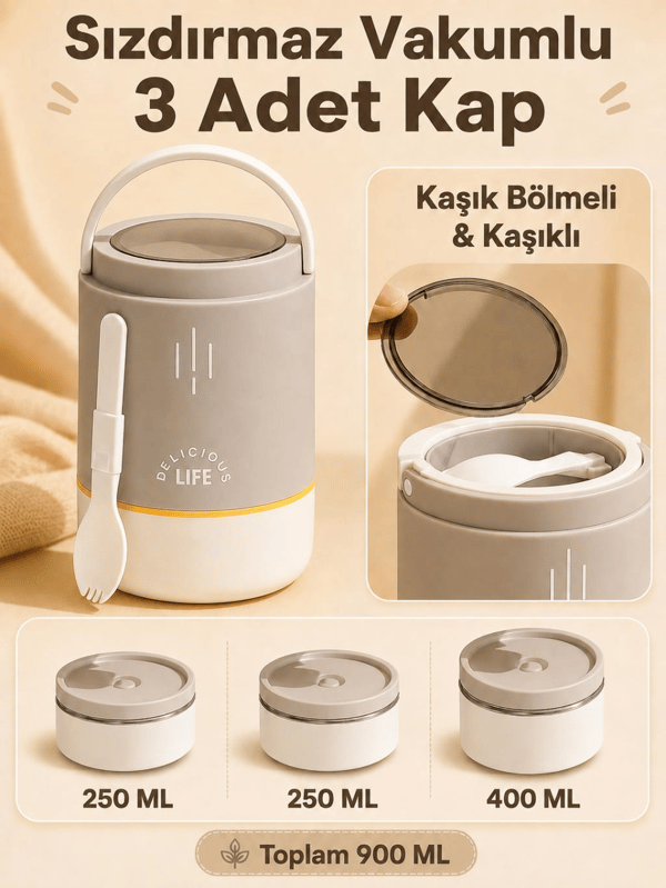 Vagon Life VGN-1266 Kahverengi 900 ml 3 Katlı Silindir Paslanmaz Çelik Yemek Kabı (Lunch Box)