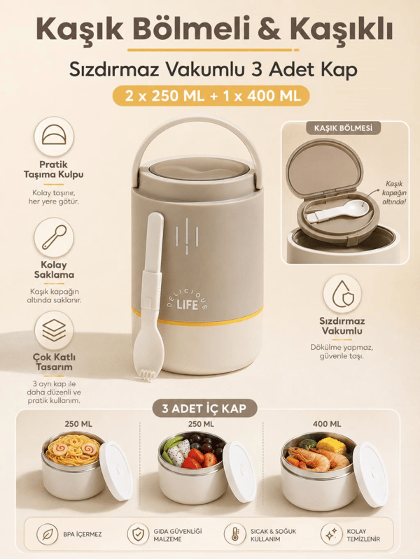 Vagon Life VGN-1266 Kahverengi 900 ml 3 Katlı Silindir Paslanmaz Çelik Yemek Kabı (Lunch Box)