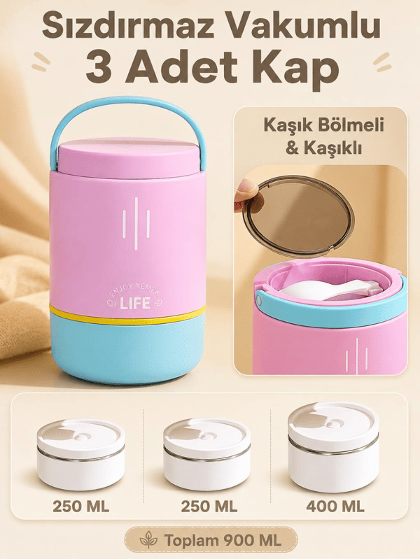 Vagon Life VGN-1266 Mor 900 ml 3 Katlı Silindir Paslanmaz Çelik Yemek Kabı (Lunch Box)