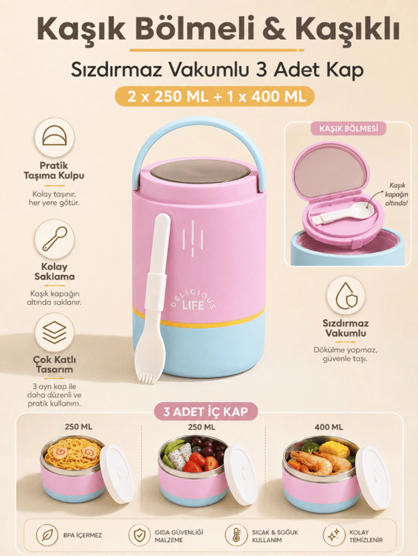 Vagon Life VGN-1266 Mor 900 ml 3 Katlı Silindir Paslanmaz Çelik Yemek Kabı (Lunch Box)