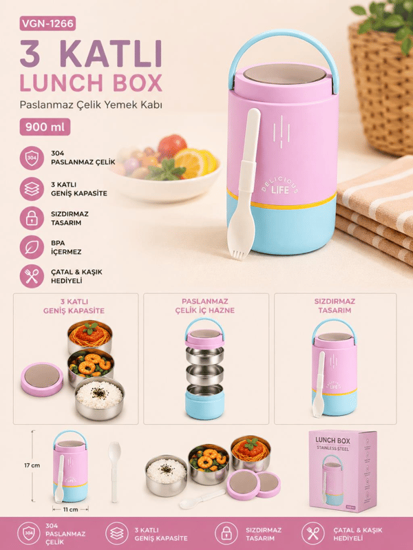 Vagon Life VGN-1266 Mor 900 ml 3 Katlı Silindir Paslanmaz Çelik Yemek Kabı (Lunch Box)