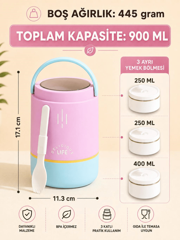 Vagon Life VGN-1266 Mor 900 ml 3 Katlı Silindir Paslanmaz Çelik Yemek Kabı (Lunch Box)