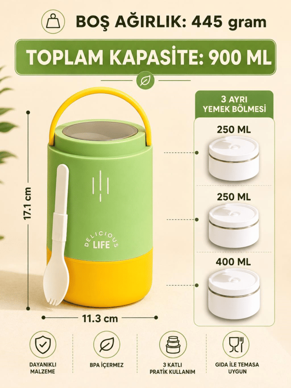 Vagon Life VGN-1266 Yeşil 900 ml 3 Katlı Silindir Paslanmaz Çelik Yemek Kabı (Lunch Box)