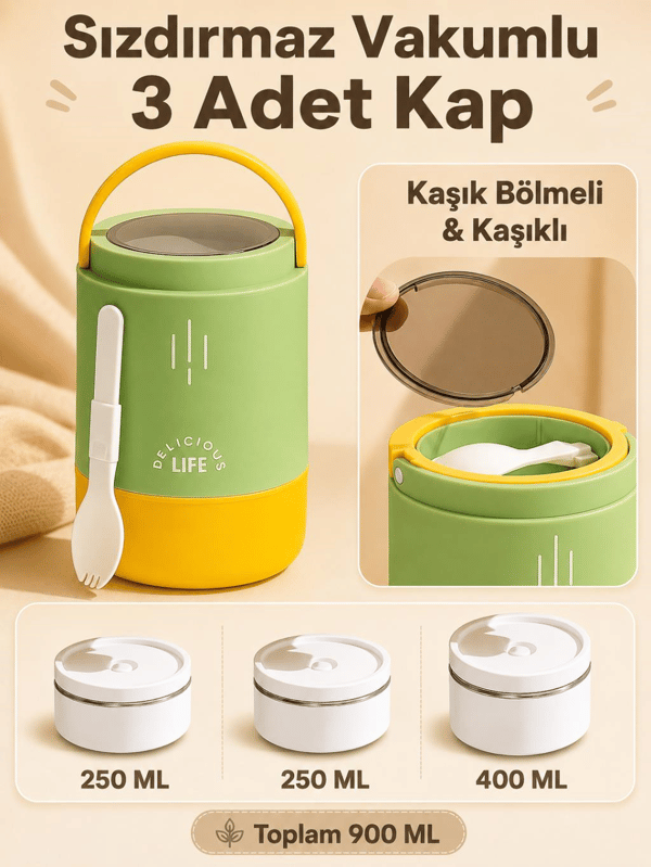 Vagon Life VGN-1266 Yeşil 900 ml 3 Katlı Silindir Paslanmaz Çelik Yemek Kabı (Lunch Box)