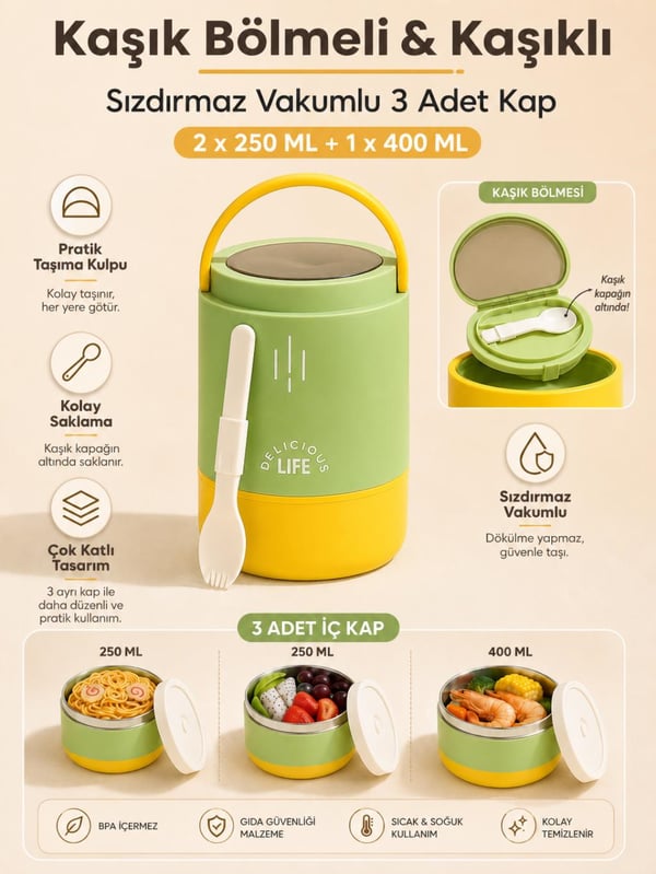 Vagon Life VGN-1266 Yeşil 900 ml 3 Katlı Silindir Paslanmaz Çelik Yemek Kabı (Lunch Box)