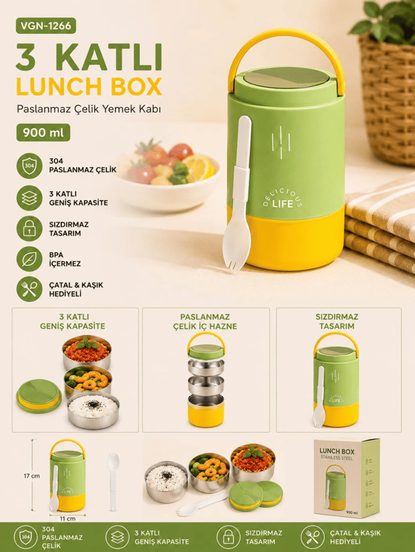 Vagon Life VGN-1266 Yeşil 900 ml 3 Katlı Silindir Paslanmaz Çelik Yemek Kabı (Lunch Box)
