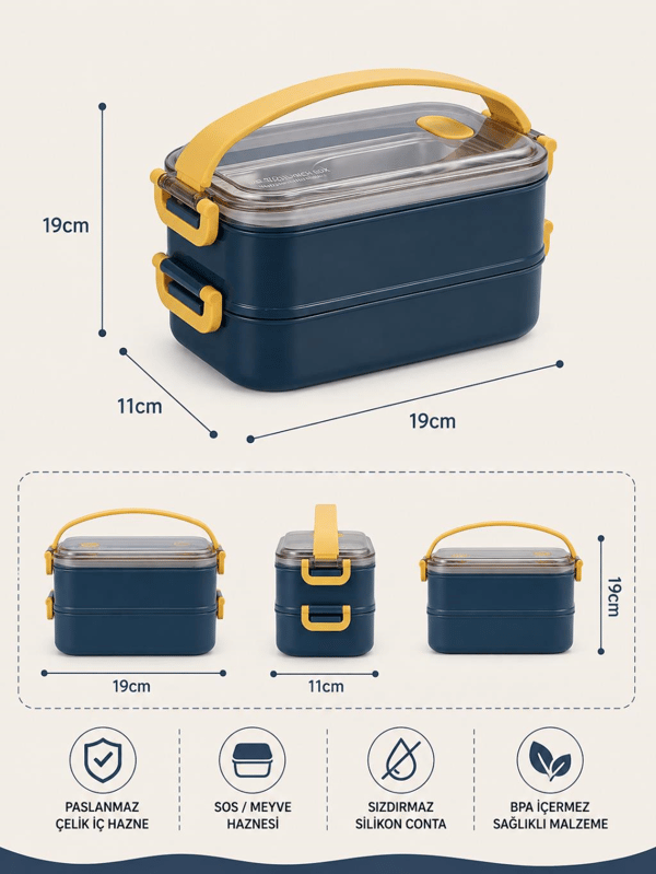 Vagon Life VGN-363 Lacivert 1400 ml 3 Bölmeli Paslanmaz Çelik Yemek Kabı (Lunch Box)