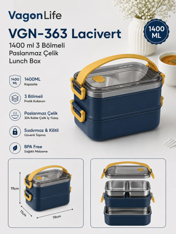 Vagon Life VGN-363 Lacivert 1400 ml 3 Bölmeli Paslanmaz Çelik Yemek Kabı (Lunch Box)