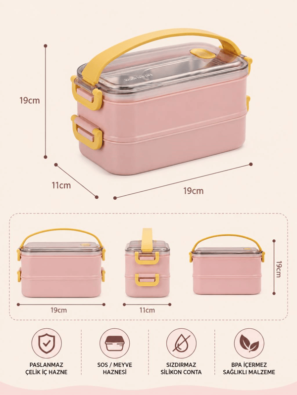 Vagon Life VGN-363 Pembe 1400 ml 3 Bölmeli Paslanmaz Çelik Yemek Kabı (Lunch Box)