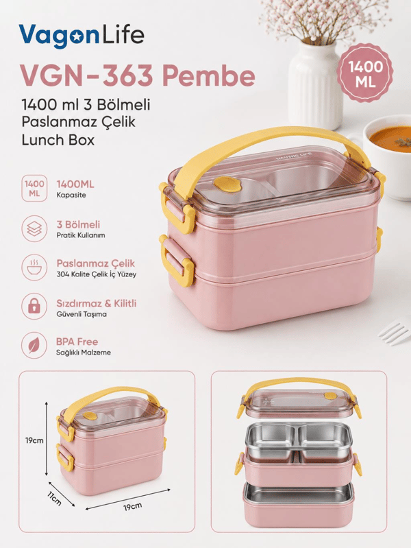 Vagon Life VGN-363 Pembe 1400 ml 3 Bölmeli Paslanmaz Çelik Yemek Kabı (Lunch Box)