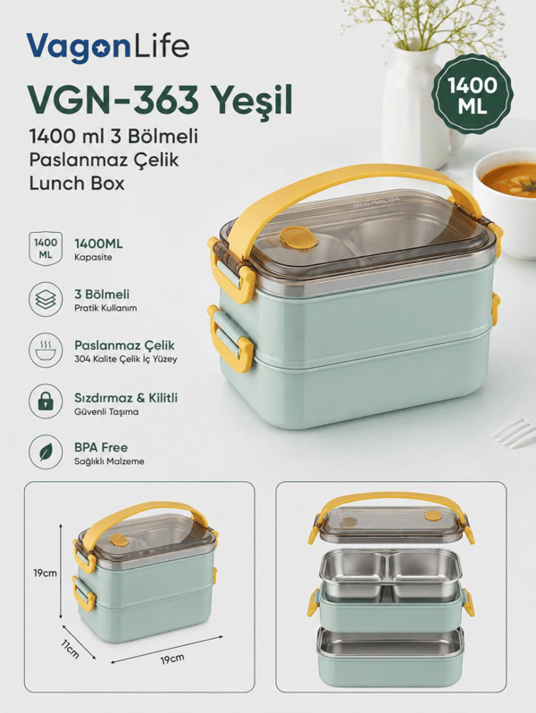 Vagon Life VGN-363 Yeşil 1400 ml 3 Bölmeli Paslanmaz Çelik Yemek Kabı (Lunch Box)