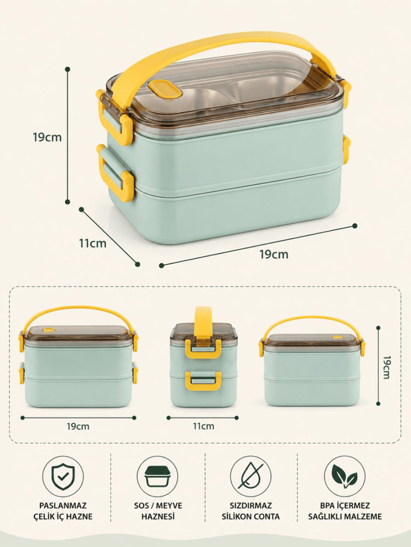 Vagon Life VGN-363 Yeşil 1400 ml 3 Bölmeli Paslanmaz Çelik Yemek Kabı (Lunch Box)