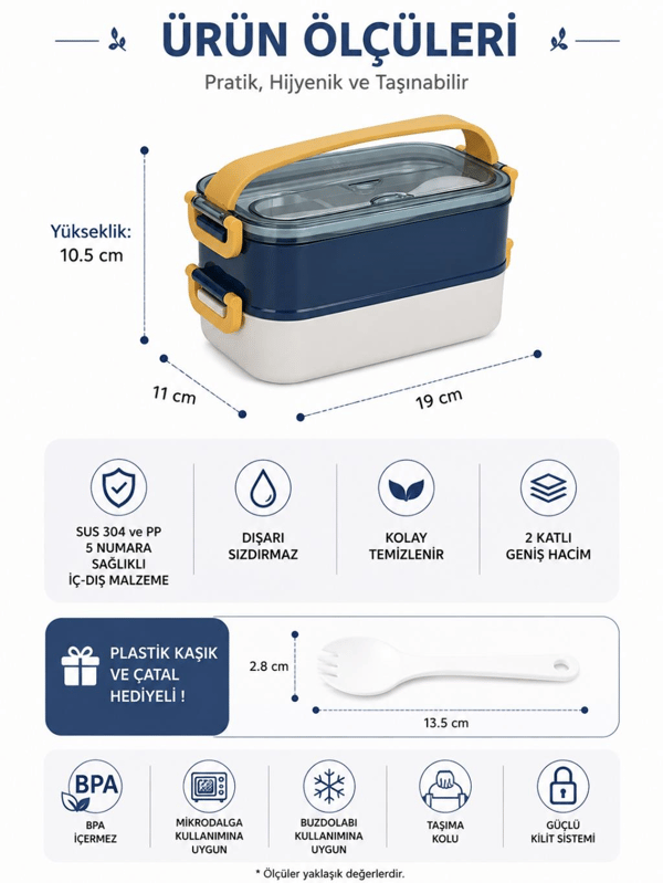 Vagon Life VGN-462 Lacivert-Beyaz 1400 ml 3 Bölmeli Paslanmaz Çelik Lunch Box Beslenme Kabı