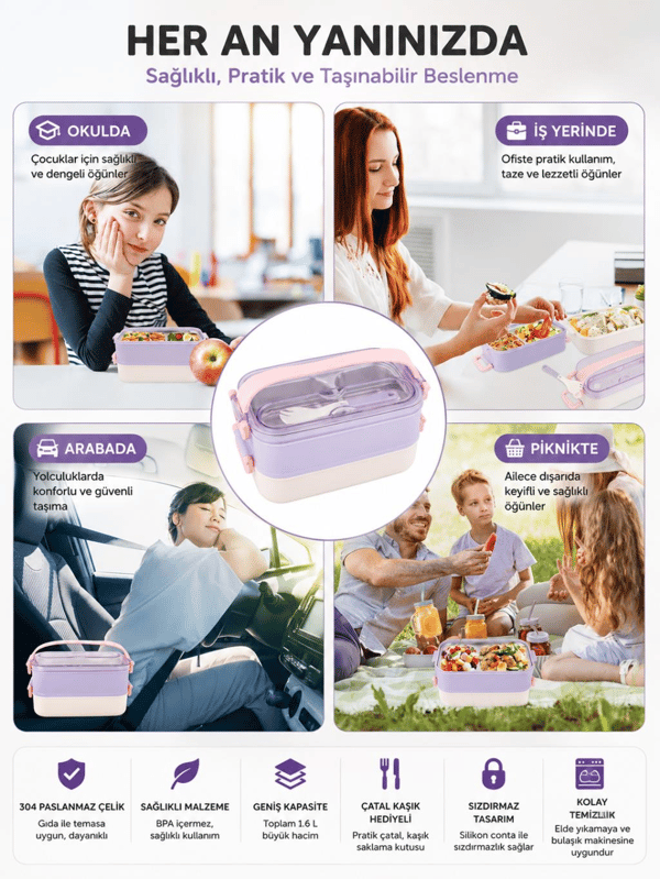 Vagon Life VGN-462 Lacivert-Beyaz 1400 ml 3 Bölmeli Paslanmaz Çelik Lunch Box Beslenme Kabı