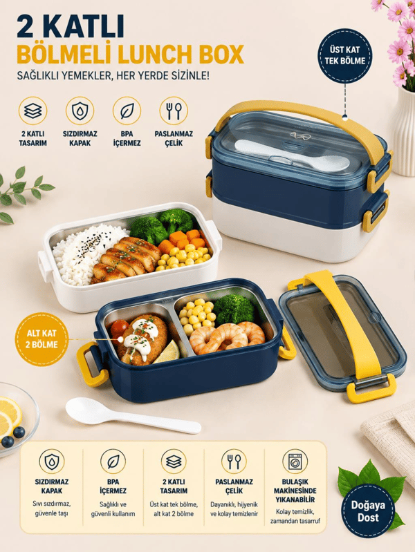 Vagon Life VGN-462 Lacivert-Beyaz 1400 ml 3 Bölmeli Paslanmaz Çelik Lunch Box Beslenme Kabı