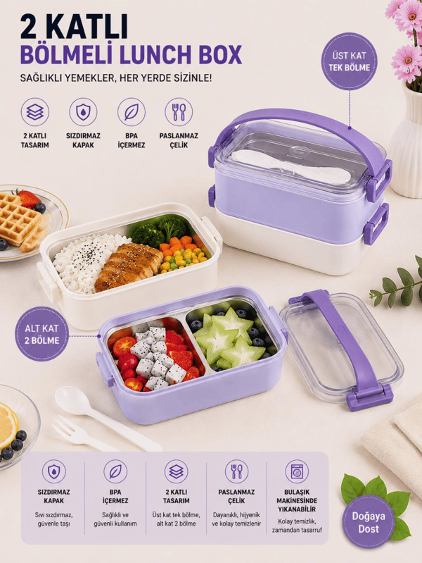 Vagon Life VGN-462 Mor-Beyaz 1400 ml 3 Bölmeli Paslanmaz Çelik Lunch Box Beslenme Kabı